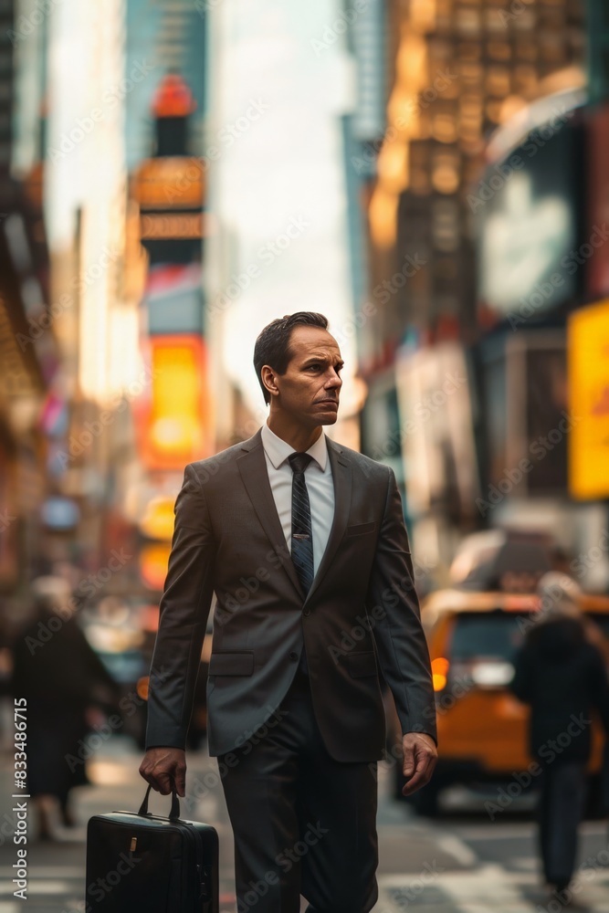 A confident man in a suit walking purposefully through a bustling city street, briefcase in hand and a determined expression A confident man in a suit walking purposefully through a bustling city street, briefcase in hand and a determined expression