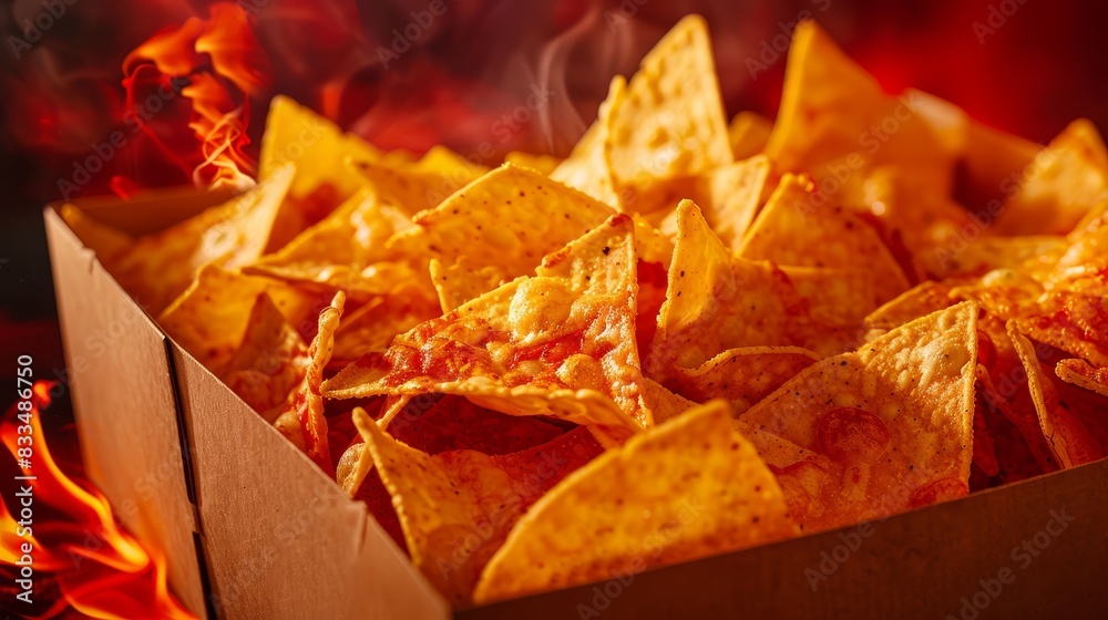 Delicious box of cheesy nachos on a fiery red background, emphasizing their spicy and cheesy appeal. Perfect for snack and fast food themes Delicious box of cheesy nachos on a fiery red background, emphasizing their spicy and cheesy appeal. Perfect for snack and fast food themes