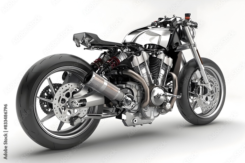 Sleek and Powerful Motorcycle Engine Part Against White Background Sleek and Powerful Motorcycle Engine Part Against White Background