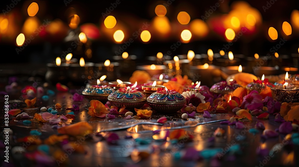 An array of ornate Diya oil lamps surrounded by flower petals and festive decorations An array of ornate Diya oil lamps surrounded by flower petals and festive decorations