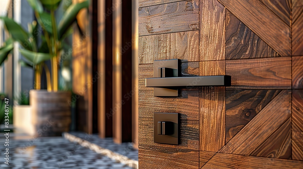 A modern teak door with a unique geometric handle, capturing the contrast between the natural wood and the bold handle design.