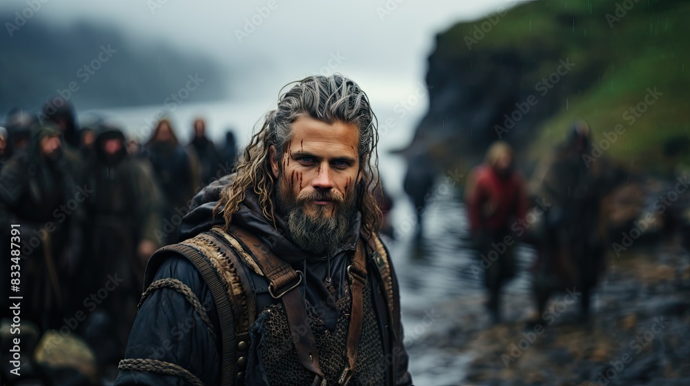A rugged Viking warrior stands resolute in the rain, with intense gaze and traditional attire A rugged Viking warrior stands resolute in the rain, with intense gaze and traditional attire