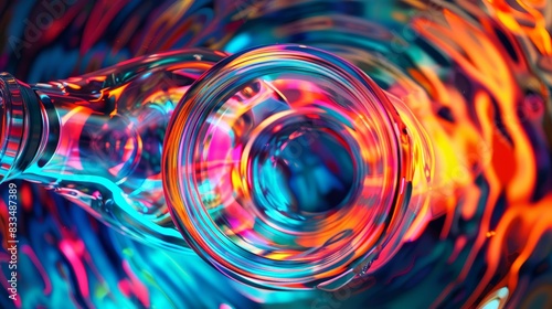 Dynamic worms-eye view of a bottle with color-changing luminescent liquids, symbolizing emotional shifts. Perfect for abstract and artistic imagery