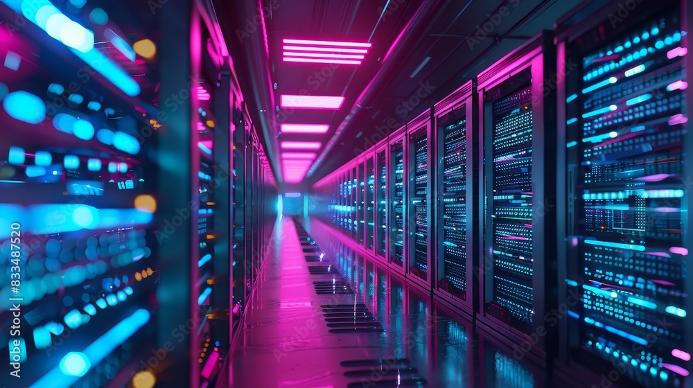 Futuristic blockchain mining farm with neon rows and wide racks, capturing the concept of digital gold and relentless computation. Perfect for tech and cryptocurrency visuals Futuristic blockchain mining farm with neon rows and wide racks, capturing the concept of digital gold and relentless computation. Perfect for tech and cryptocurrency visuals