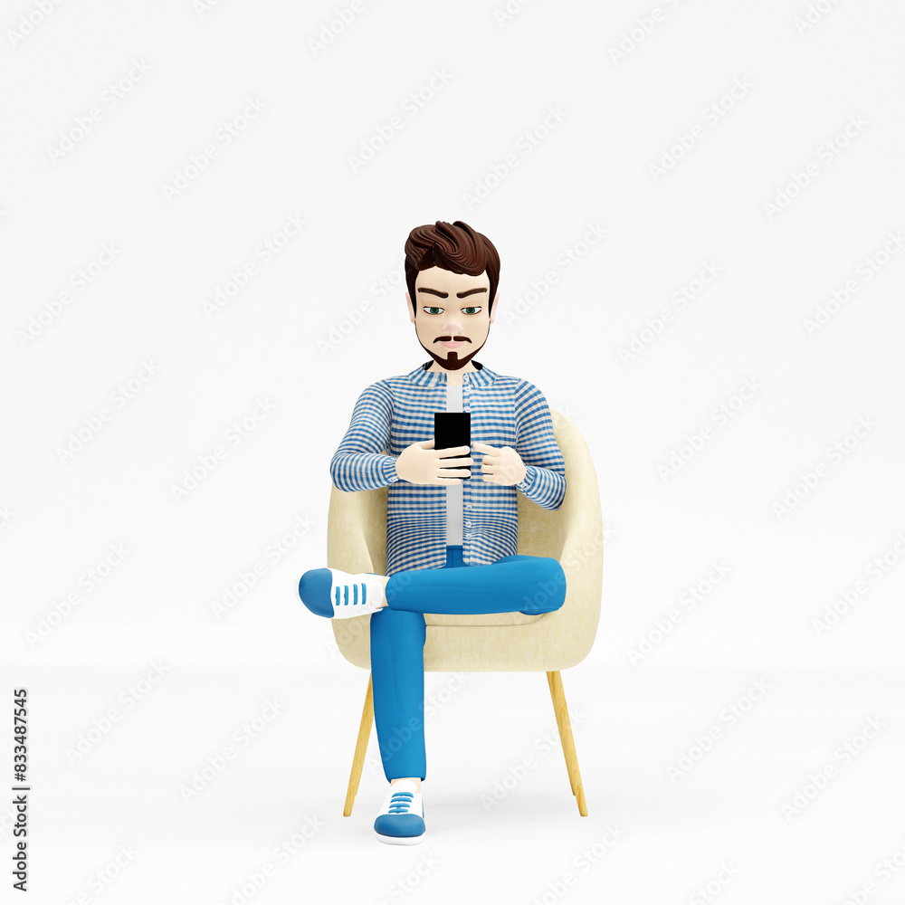 Cartoon young man sitting on sofa and using smartphone. Distance work, study and communication concept. 3d render Cartoon young man sitting on sofa and using smartphone. Distance work, study and communication concept. 3d render