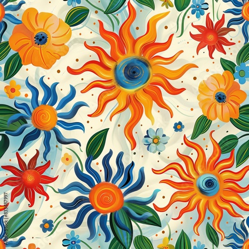 A colorful floral pattern with a green snake in the middle