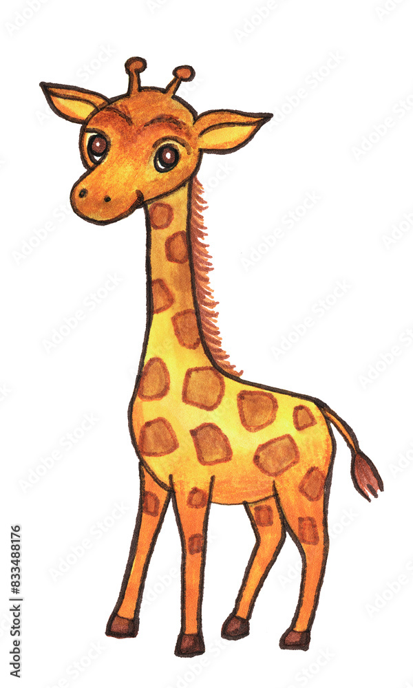 Bright colorful giraffe drawn on paper. Children's character drawing, cartoon animal. Hand drawn color illustration of baby giraffe. Bright colorful giraffe drawn on paper. Children's character drawing, cartoon animal. Hand drawn color illustration of baby giraffe.