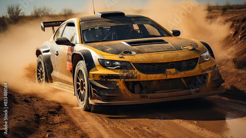 A rally car races on a dusty track, kicking up clouds of dirt in its wake