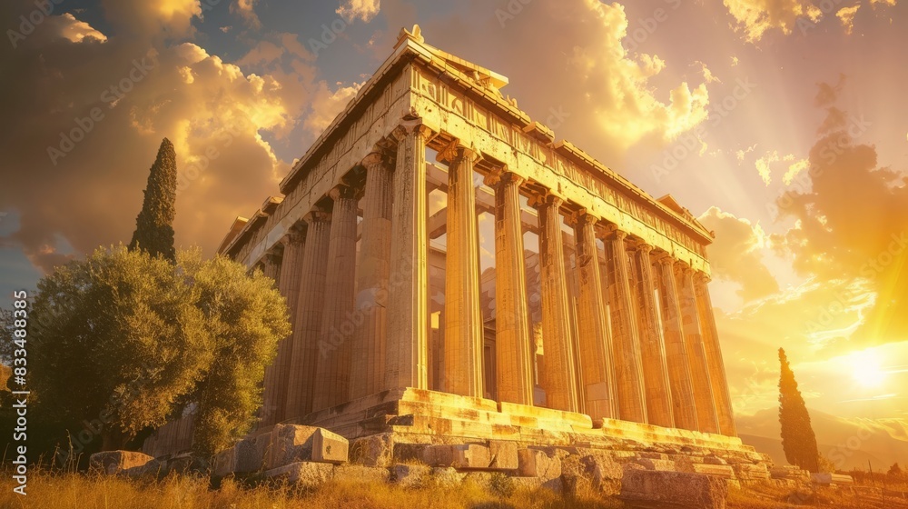 Obraz premium A majestic temple of ancient Greece, with towering columns and intricate carvings, bathed in the golden light of dawn 