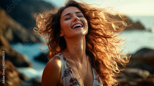 Young woman long curly hair with open arms stretched enjoying the wind and breathing fresh air on the rocky beach