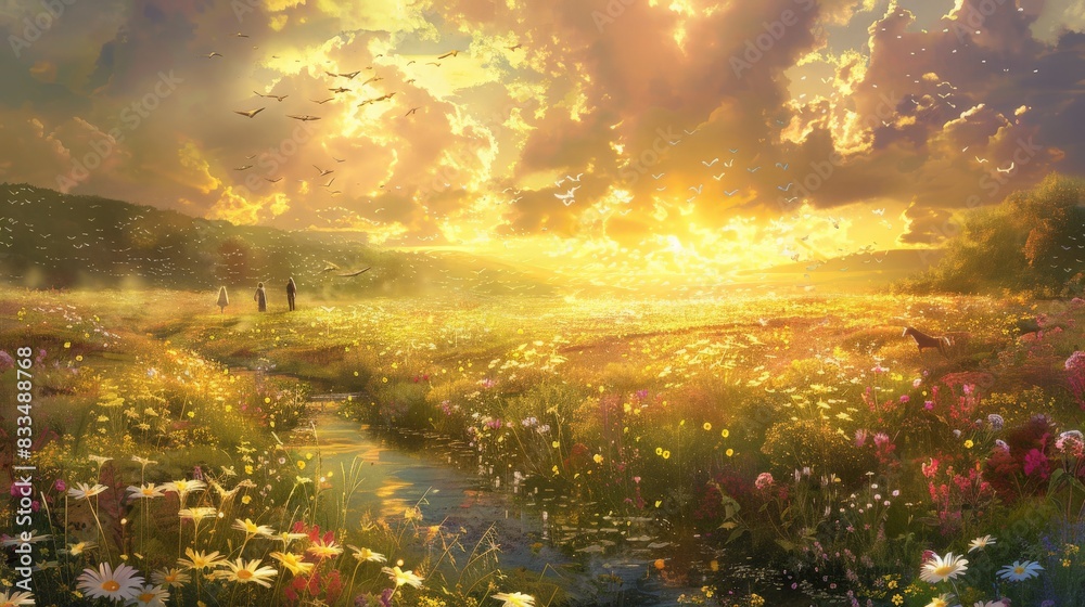 A peaceful, radiant meadow in heaven, with souls walking among blooming flowers and gentle streams under a golden sky A peaceful, radiant meadow in heaven, with souls walking among blooming flowers and gentle streams under a golden sky