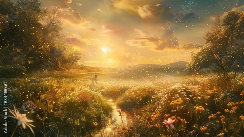 A peaceful  radiant meadow in heaven  with souls walking among blooming flowers and gentle streams under a golden sky 