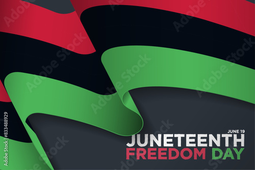 Juneteenth Freedom Day Greeting Banner with close up of a flowing Pan-African Flag. Vector Illustration. EPS 10. photo