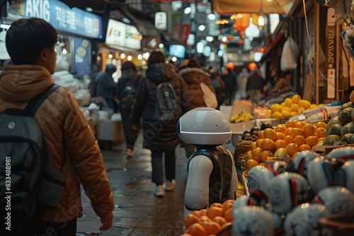 A robotic companion walking alongside a human in a bustling market, showcasing the integration of AI in everyday life 