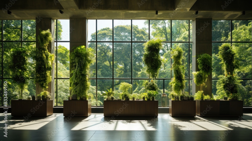 A well-lit large space showcasing an array of potted vertical gardens and a peaceful ambiance A well-lit large space showcasing an array of potted vertical gardens and a peaceful ambiance