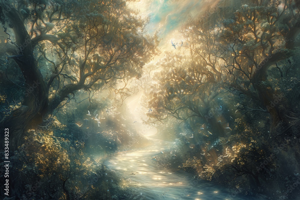 Fototapeta premium A serene heavenly landscape with a flowing river of light, surrounded by luminous trees and angelic beings 