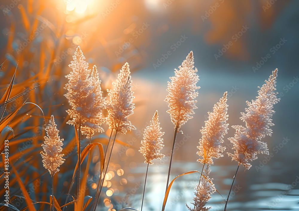 Naklejka premium A close-up of a nature riverbank with reeds and flowers, the details