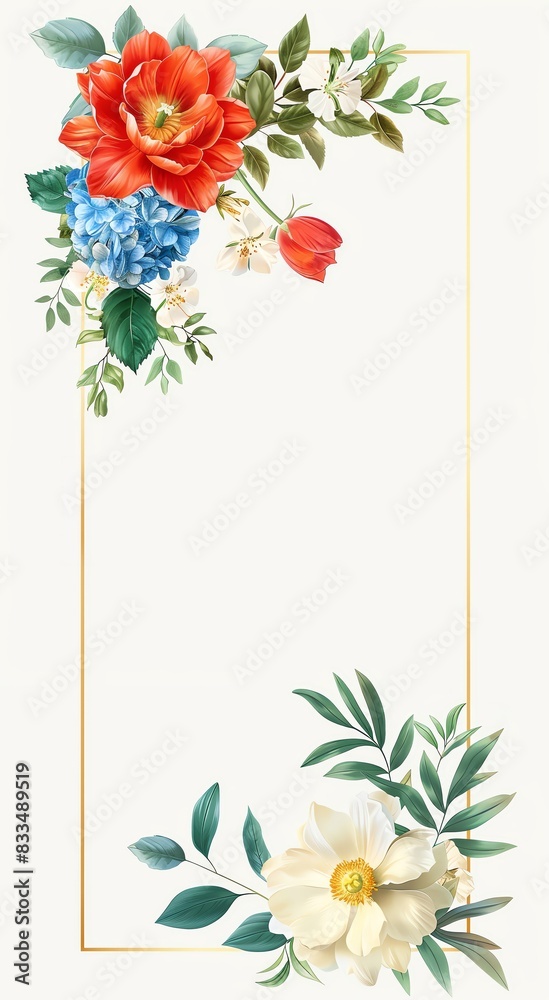 Obraz premium Floral frame design with vibrant red, blue, and white flowers and green leaves on a light background. Perfect for invitations or greeting cards.