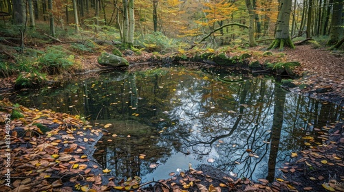 A sizeable pool amidst a spring woodland on a forest path blanketed with fallen foliage
