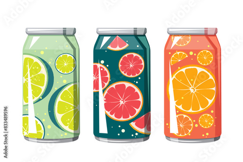 Set of carbonated drinks in aluminum cans. Soda with various fruit flavors, grapefruit, orange, lime. Summer refreshing lemonades, juices, cocktails. Vector illustration.