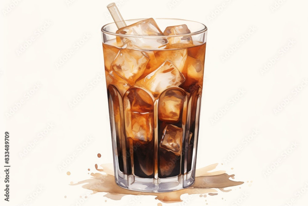 Digital illustration of cold iced coffee with ice cubes and splashes on a white background Digital illustration of cold iced coffee with ice cubes and splashes on a white background