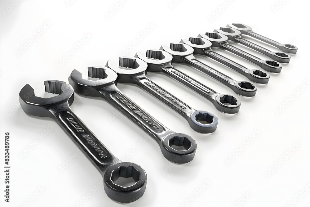 Neatly Organized Metallic Wrench Set Against Plain White Background Neatly Organized Metallic Wrench Set Against Plain White Background