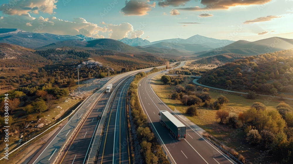 Fototapeta premium A truck convoy driving along a highway through diverse landscapes, highlighting the interconnectedness of global supply chains 