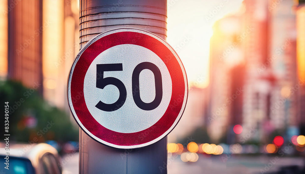 Traffic sign 50 km/h, speed limit for speeding vehicles. Blurred city ...