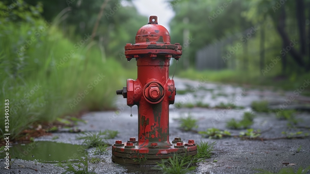 Red fire hydrant with water puddle in front, liquid wet emergency leak Red fire hydrant with water puddle in front, liquid wet emergency leak