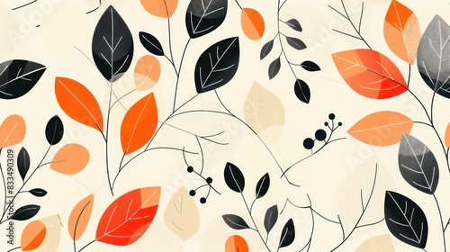 Beautiful botanical garden pattern leaves and flower illustration. Nature spring and autumn plant and flora background.