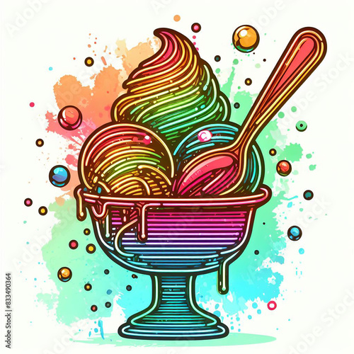 a colorful neon lights ice cream bowl, blending minimalist cartoon style with splatter painting and watercolor dripping art photo