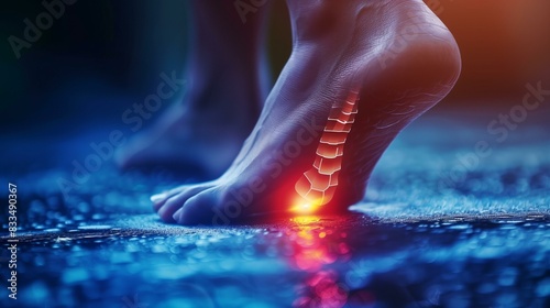 foot pain painful area with glowing red spot, muscle podiatry running pain
