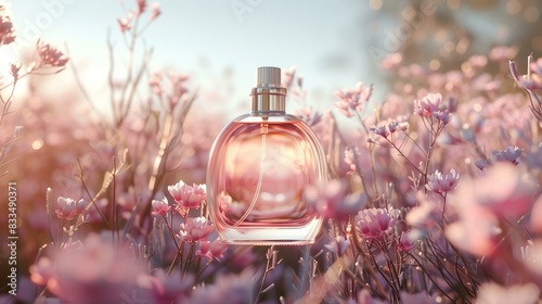 Elegant transparent perfume bottle stands in blooming flower field at sunrise concept floral fragrance, field fresh perfume aroma