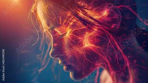 Woman suffering from fibromyalgia pain by glowing red veins network face head, looking down herself chronic pain fibromyalgia