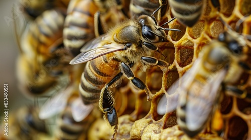 Bee on honeycomb in beehive concept diy urban beekeeping, worker bee hive