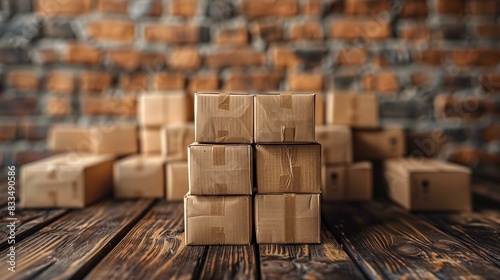 Deconsolidation delivery concept with group cardboard boxes in different sizes on wooden table against blurred brick wall background, transportation cardboard supply chain warehouse photo