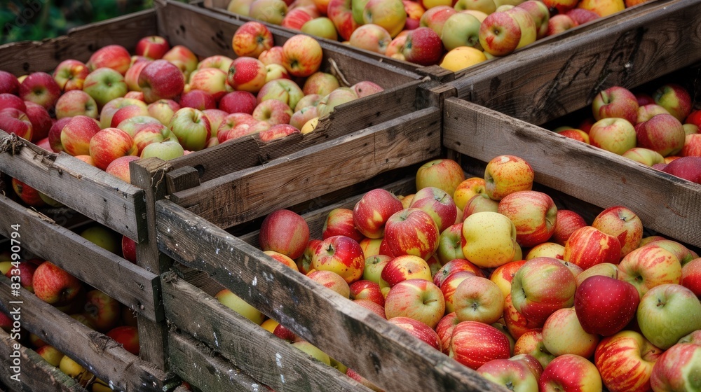 A wooden crate overflowing with colorful apples, with some apples scattered around it, creating a scene of abundance and harvest A wooden crate overflowing with colorful apples, with some apples scattered around it, creating a scene of abundance and harvest