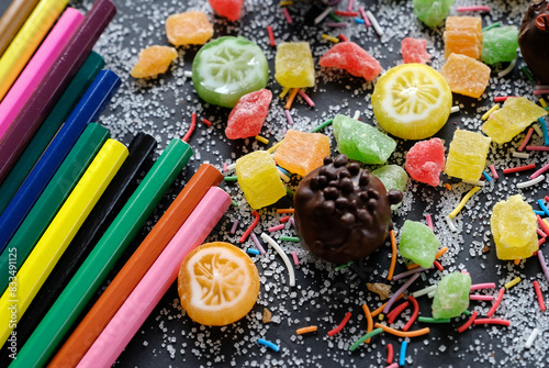 Sweets and pencils on sugarly background