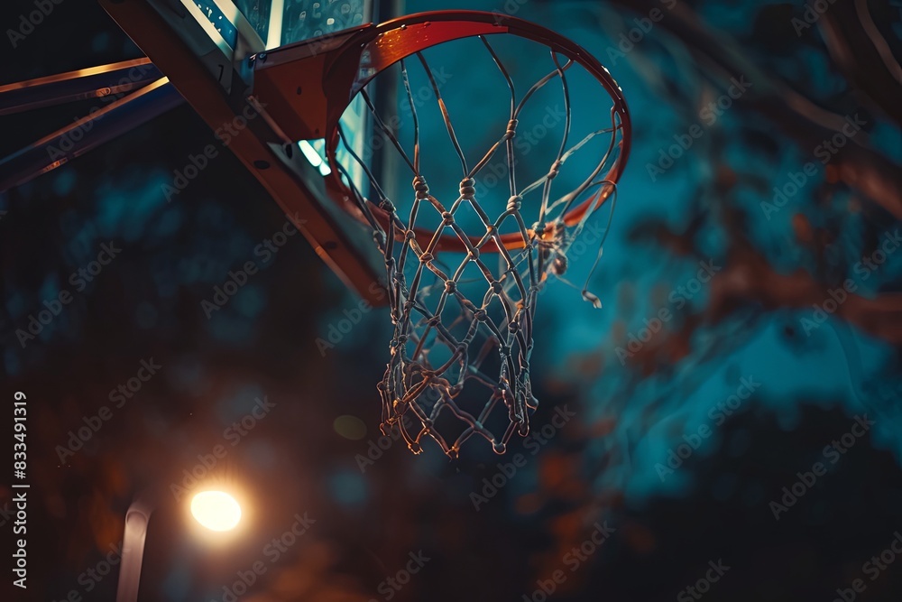 A basketball is seen going through the net of a basketball hoop on an outdoor court at night A basketball is seen going through the net of a basketball hoop on an outdoor court at night