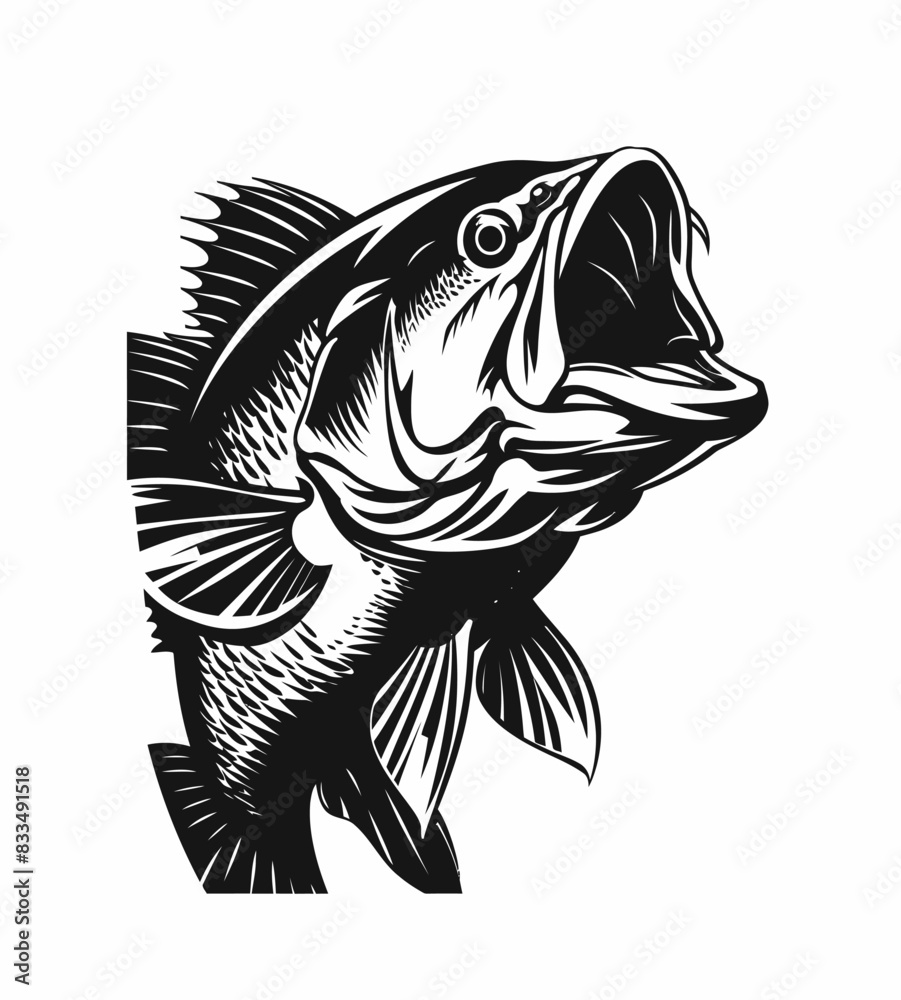 a black and white drawing of a fish