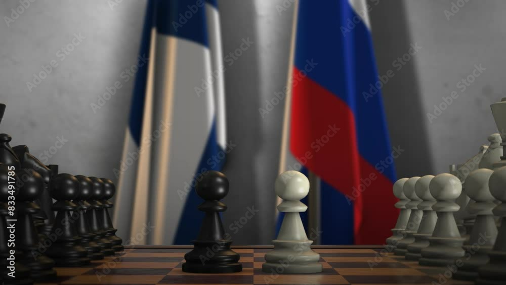 Finland and Russia National Flags with Chess Game Animation. Politics Concept, Government Conflict Finland and Russia National Flags with Chess Game Animation. Politics Concept, Government Conflict