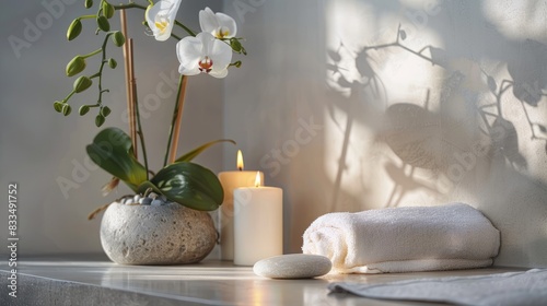 Spa arrangement featuring candles towel orchid and pumice stone on a light backdrop