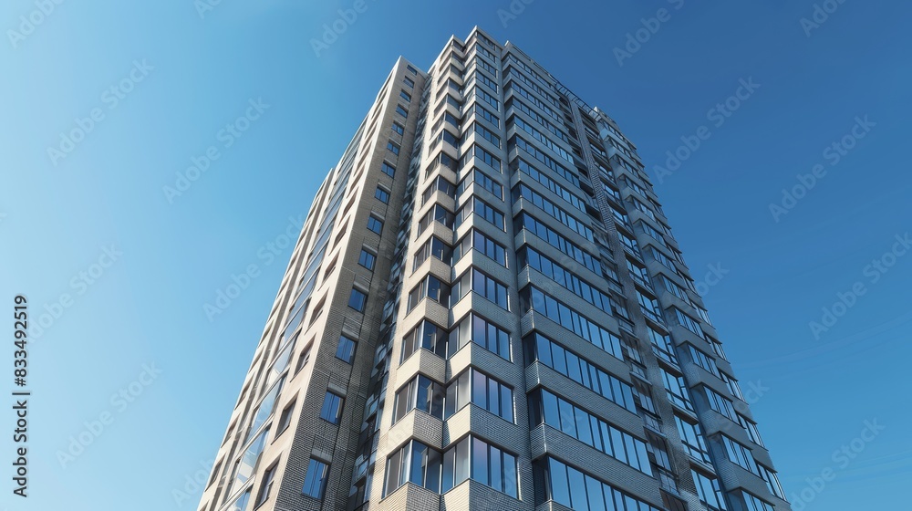 High-rise building with a blue sky backdrop, highlighting its architectural design and many windows. Great for urban and real estate visuals