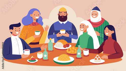 The interfaith meal bringing together not only different faiths but also different ages backgrounds and walks of life.. Vector illustration