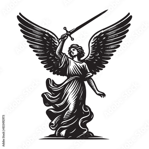 Guardian angel. Defender with a sword. Holy protection.
Vintage engraving black vector illustration, isolated object, sketch, emblem, logo