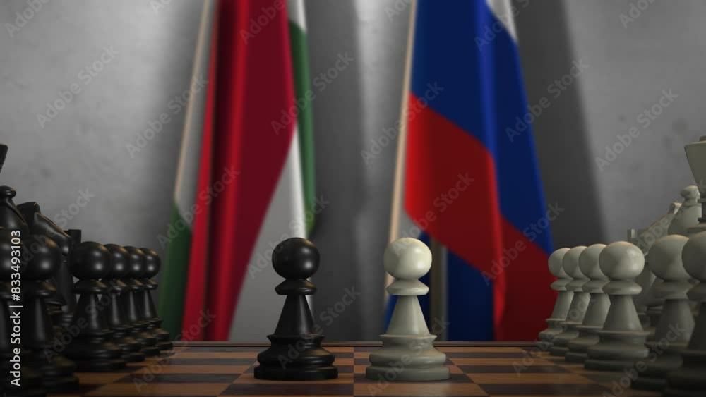 Hungary and Russia National Flags with Chess Game Animation. Politics Concept, Government Conflict Hungary and Russia National Flags with Chess Game Animation. Politics Concept, Government Conflict