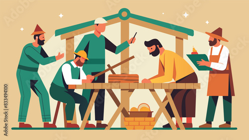 The smell of fresh wood filled the air as a team of men measured sawed and hammered together a rustic manger for the nativity scene.. Vector illustration