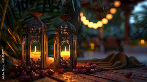 Highly detailed Arabic lanterns with lit candles, frontal perspective, radiant glow enhancing the lush date fruits, placed on a rustic table, CG 3D render, nighttime backdrop photo