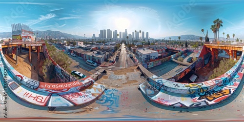 An immersive 360-degree equirectangular panorama of Los Angeles in the future, with electric vehicles dominating the streets, renewable