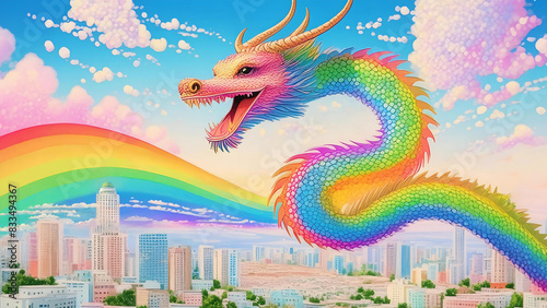 Majestic, beautiful rainbow dragon flying over a city, celebrating Pride month